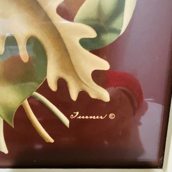 Mid Century Turner Floral Print Original Frame Maroon & Creamy White Signed - Picture 2 of 7